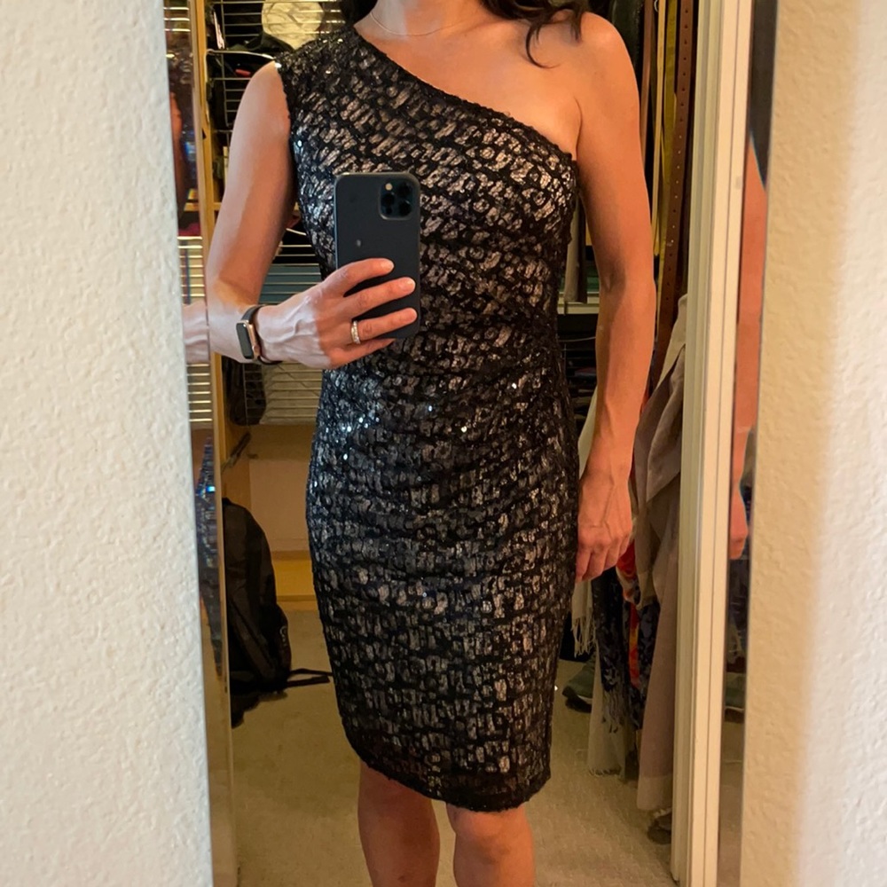 David Meister Black sequin one-shoulder dress over gold lining